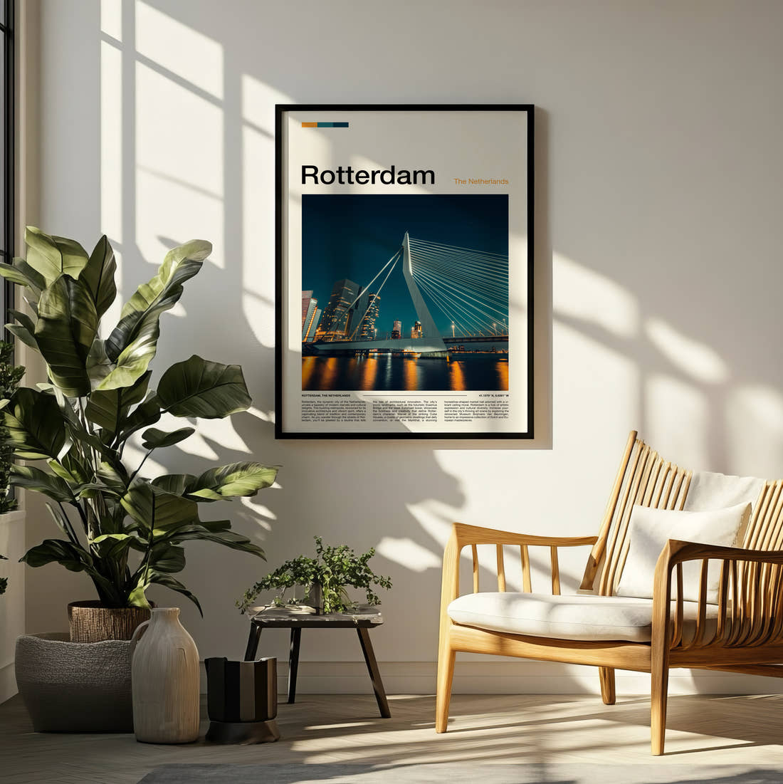 Rotterdam Erasmusbrug At Night Travel Print framed on a pale wall beside houseplants