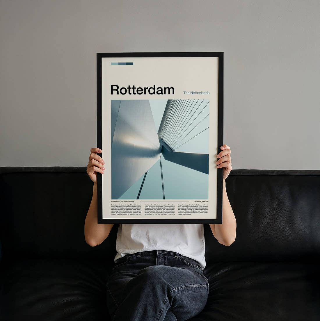 Rotterdam Erasmusbrug Pylon Travel Print held up by hand to show the size of the print