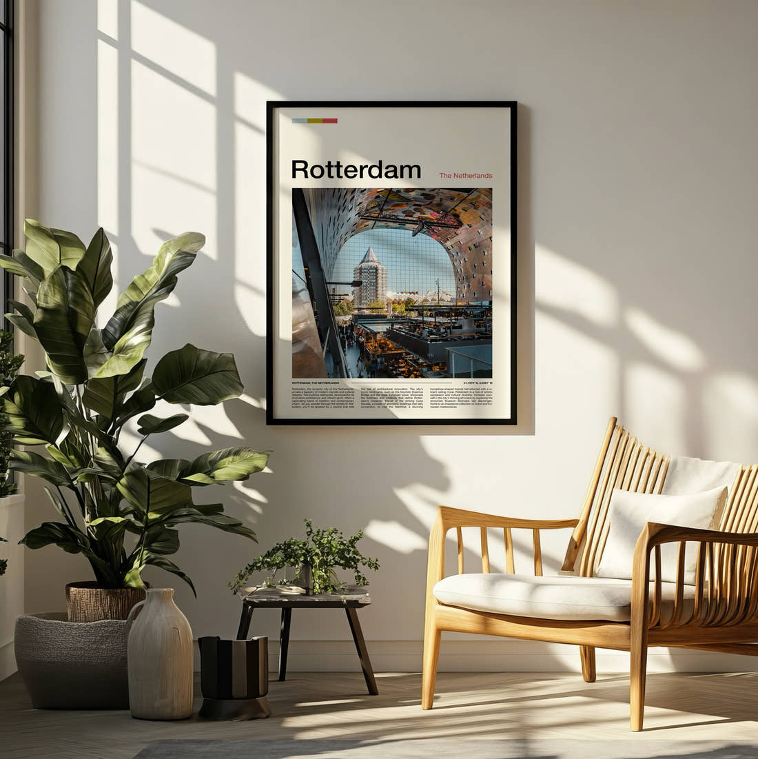 Rotterdam Markthal Interior Travel Print framed on a pale wall beside houseplants