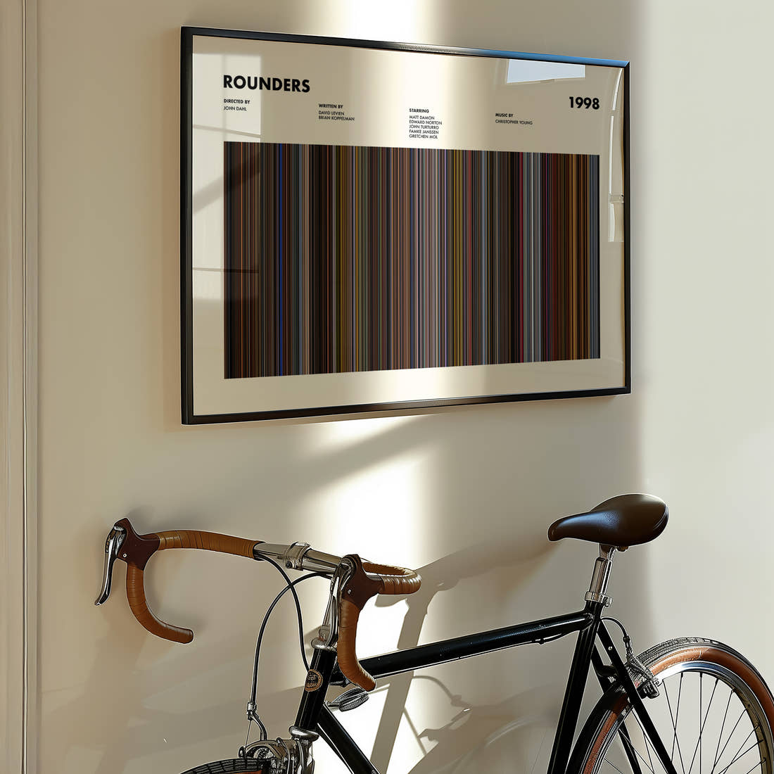 Rounders Movie Barcode Poster framed on the wall of a styled room setting