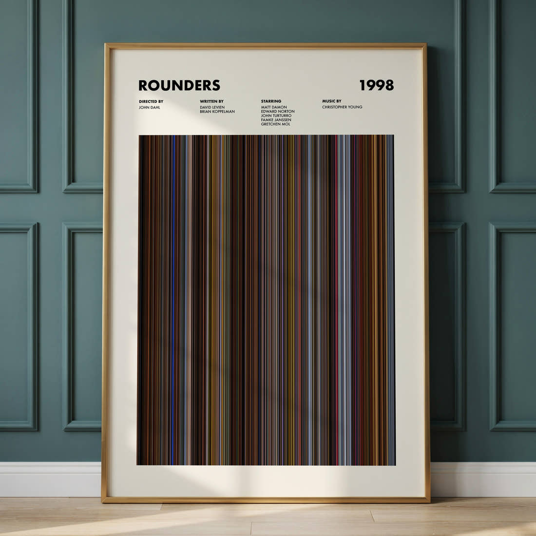 Rounders Movie Barcode Poster framed and leaning against a panelled wall