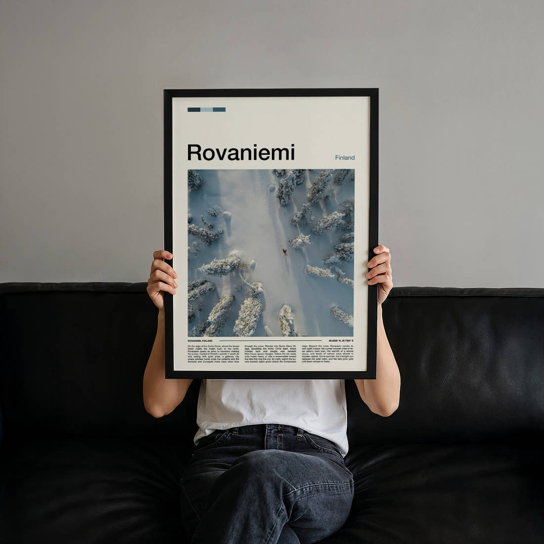 Rovaniemi Aerial Forest Trail Travel Print held up by hand to show the size of the print