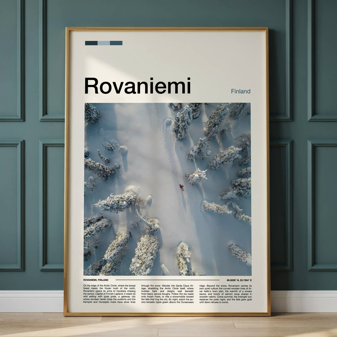Rovaniemi Aerial Forest Trail Travel Print framed on the wall of a calm, neutral bedroom