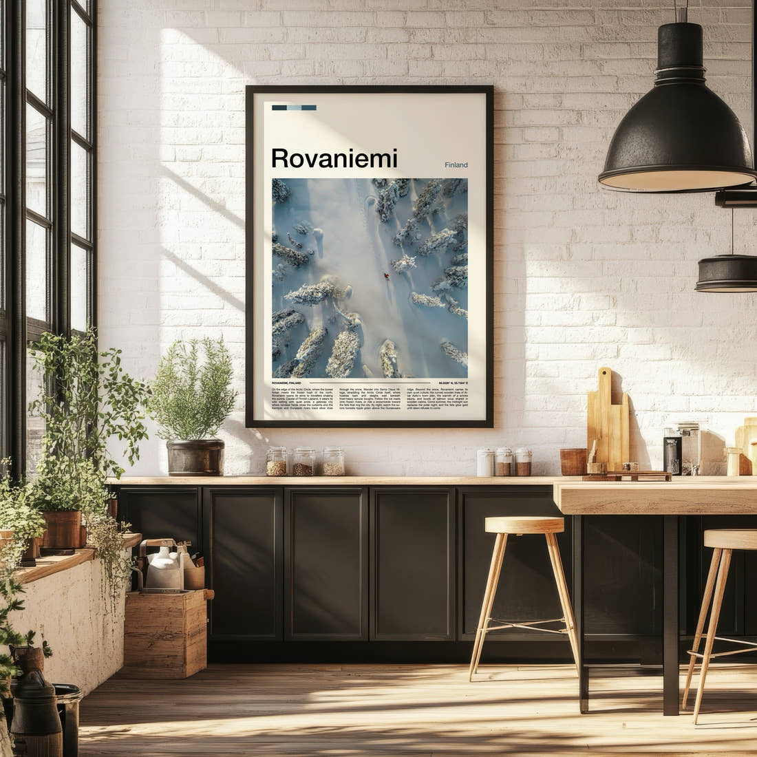 Rovaniemi Aerial Forest Trail Travel Print framed on the wall of a bright kitchen and dining space