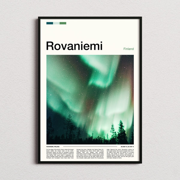 Rovaniemi Emerald Aurora Sky Travel Print framed and photographed straight on