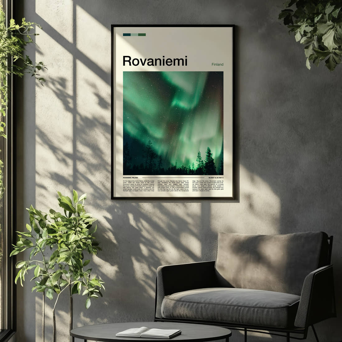 Rovaniemi Emerald Aurora Sky Travel Print framed on the wall of a relaxed living room