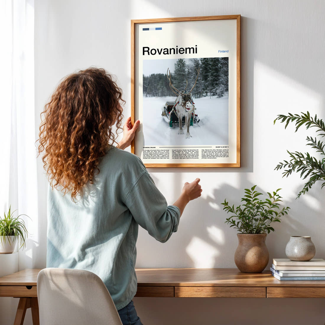 Rovaniemi Reindeer And Sleigh Travel Print framed on a pale wall beside houseplants