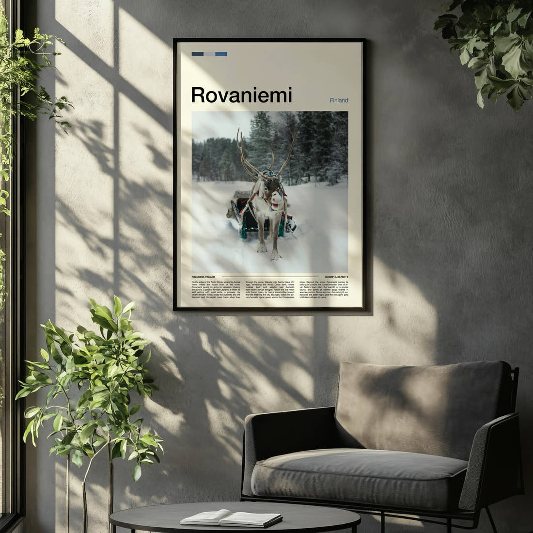 Rovaniemi Reindeer And Sleigh Travel Print framed on the wall of a relaxed living room