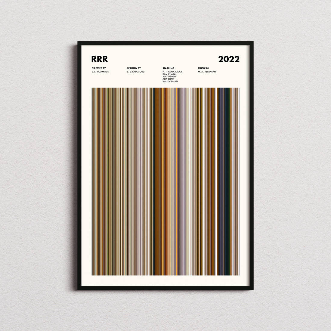 RRR Movie Barcode Poster framed on a plain studio wall