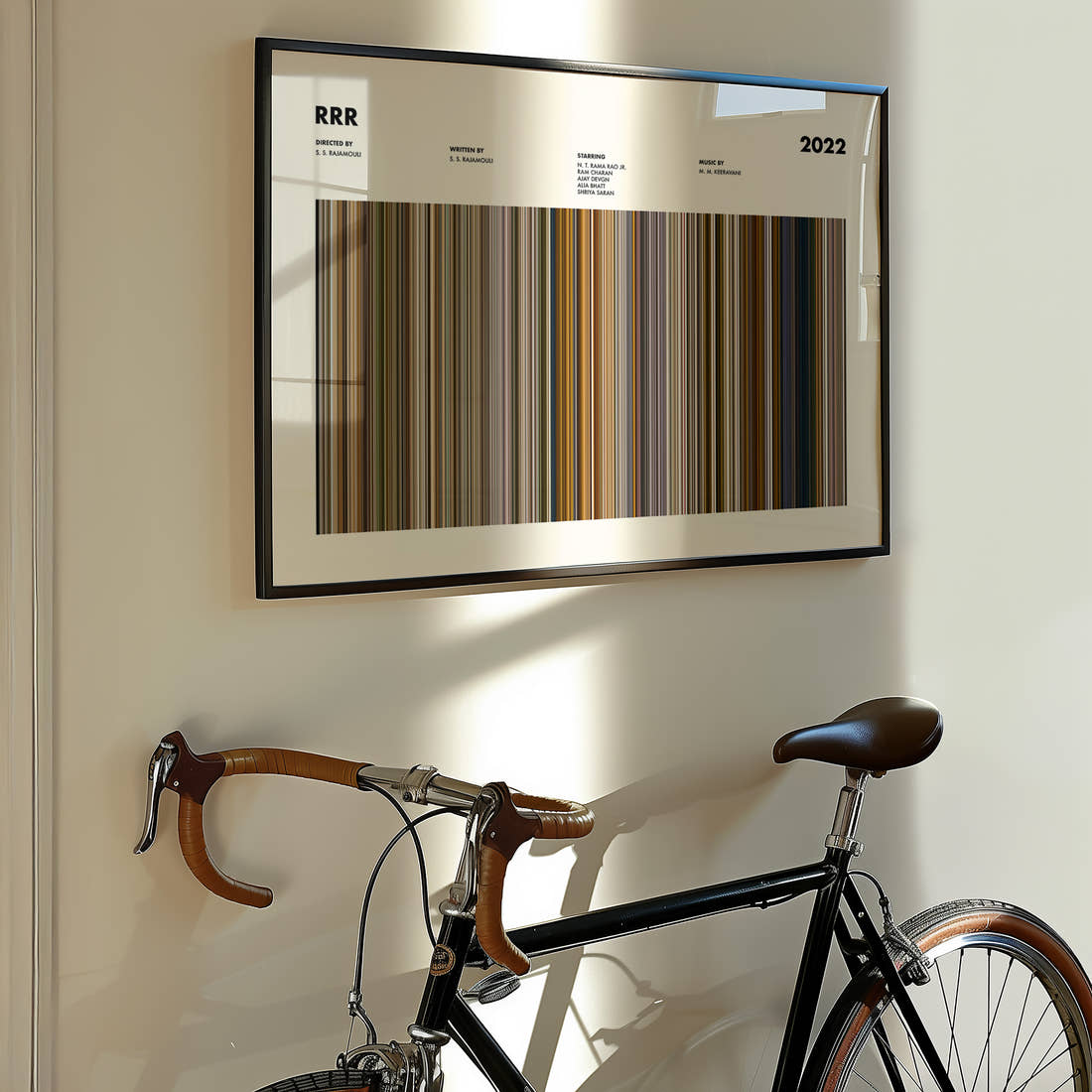 RRR Movie Barcode Poster framed on the wall of a styled room setting