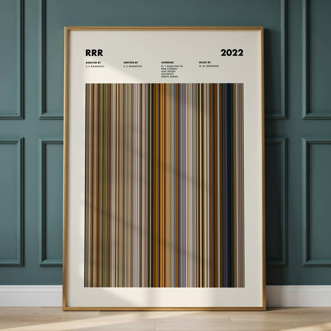 RRR Movie Barcode Poster framed and leaning against a panelled wall