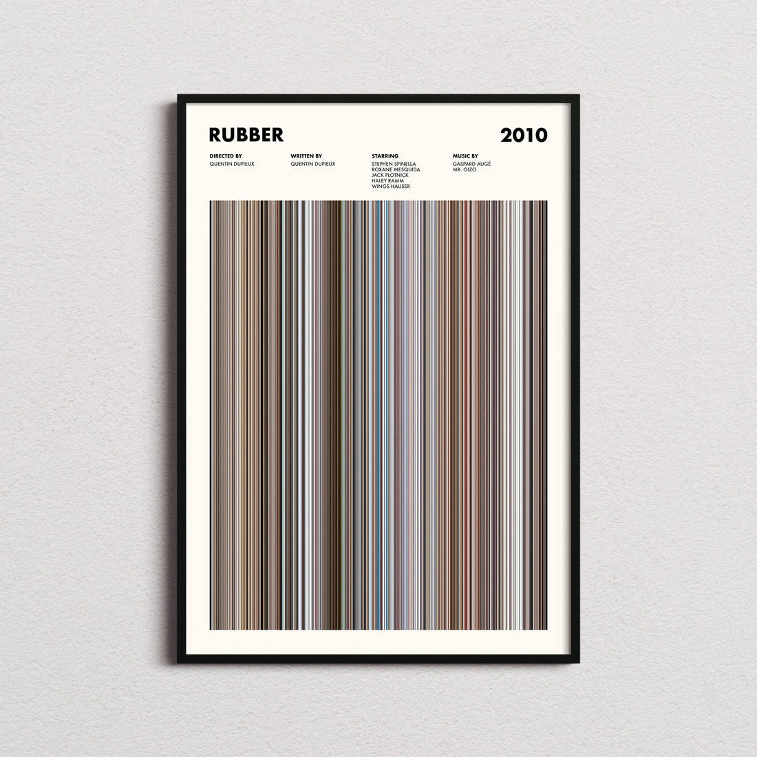 Rubber Movie Barcode Poster framed on a plain studio wall