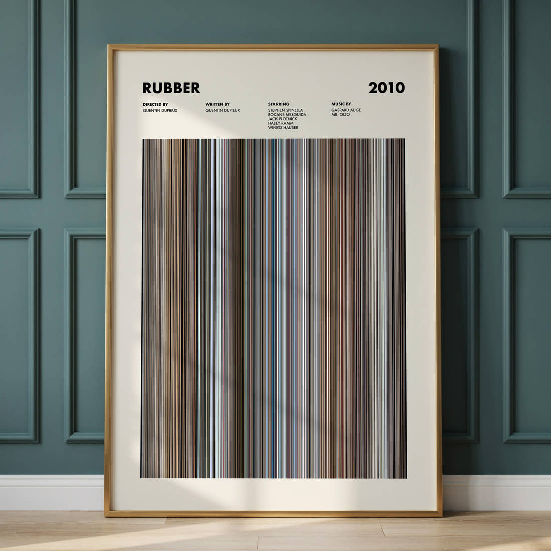 Rubber Movie Barcode Poster framed and leaning against a panelled wall