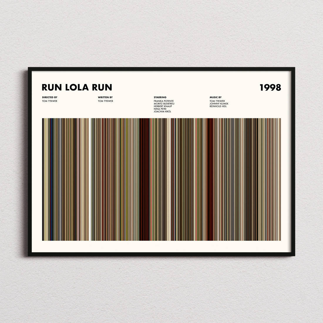 Run Lola Run Movie Barcode Poster framed and photographed straight on