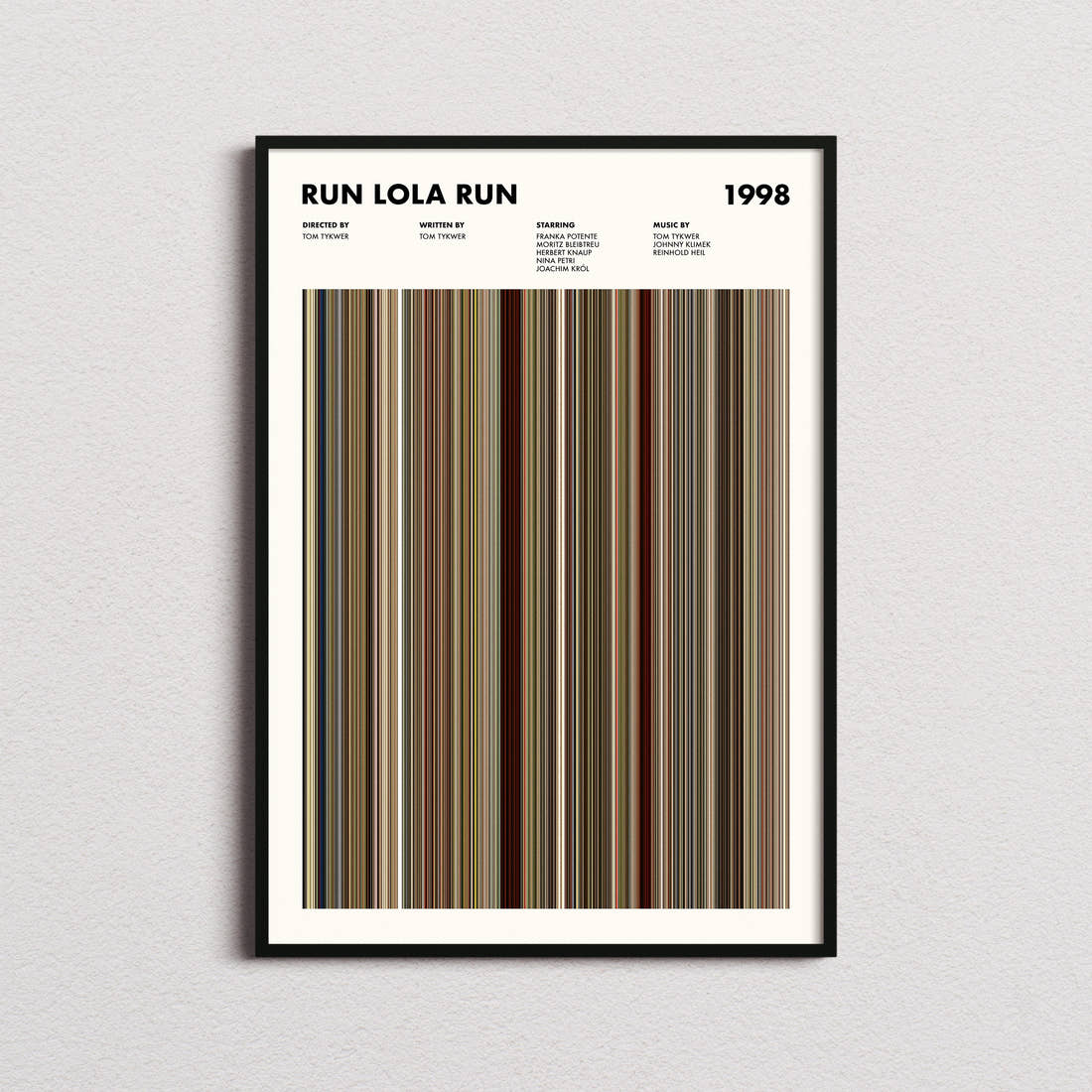 Run Lola Run Movie Barcode Poster framed on a plain studio wall