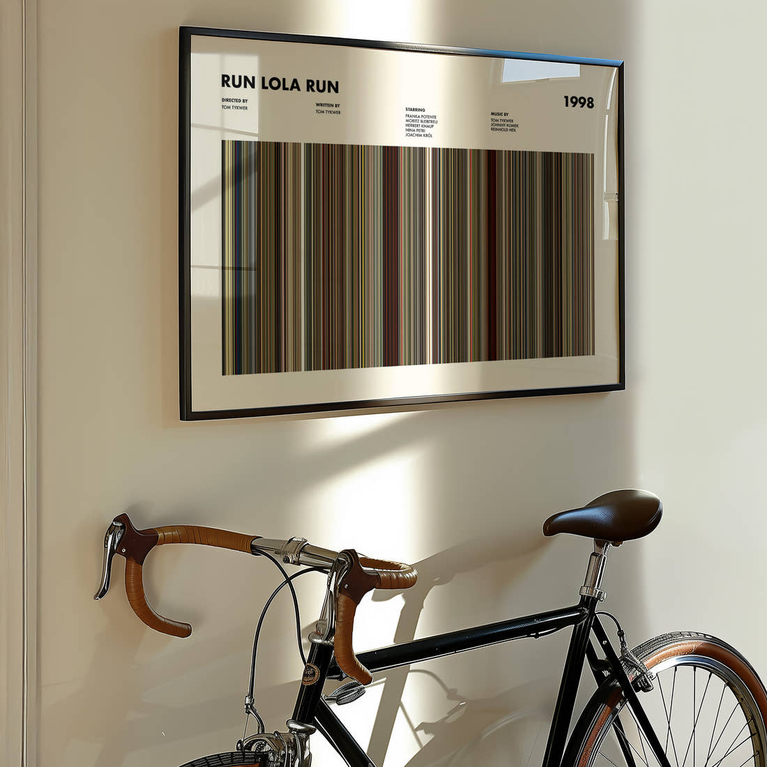 Run Lola Run Movie Barcode Poster framed on the wall of a styled room setting