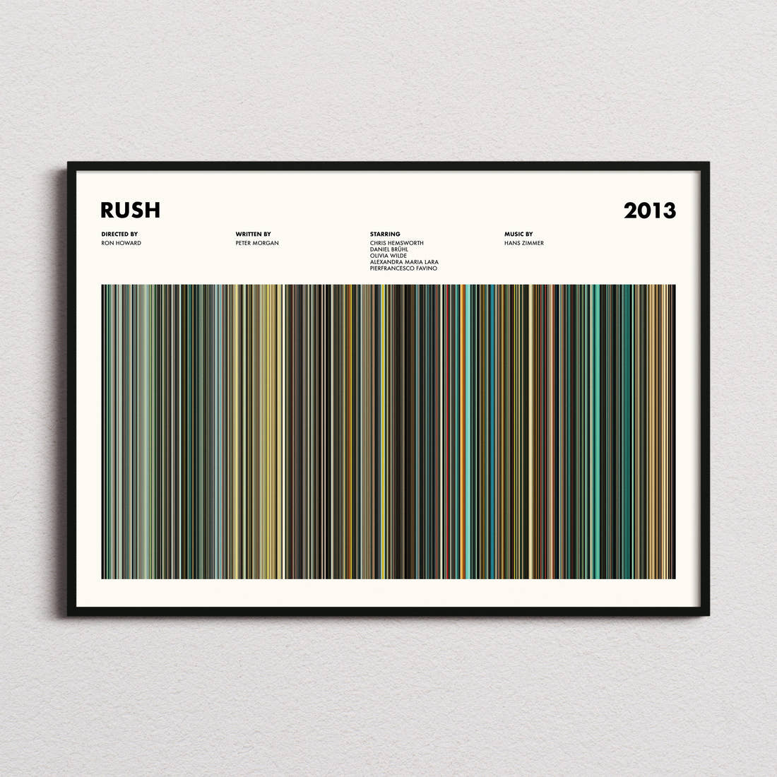 Rush Movie Barcode Poster framed and photographed straight on