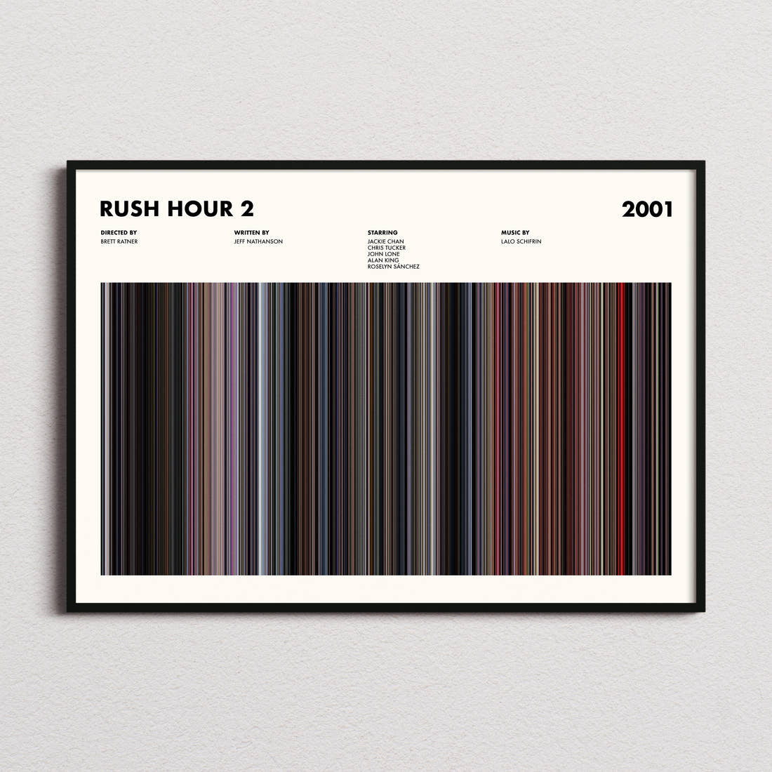 Rush Hour 2 Movie Barcode Poster framed and photographed straight on