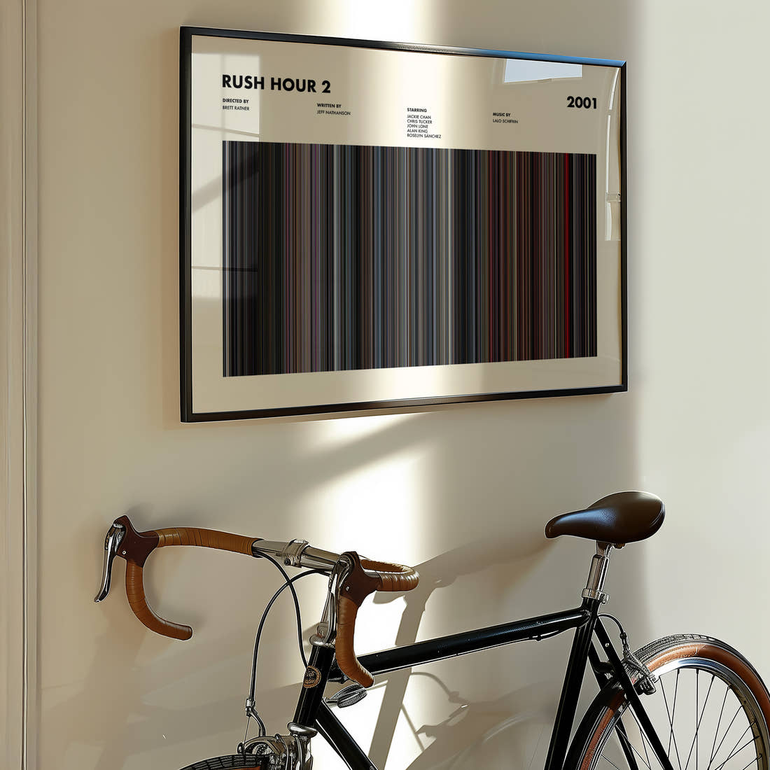 Rush Hour 2 Movie Barcode Poster framed on the wall of a styled room setting