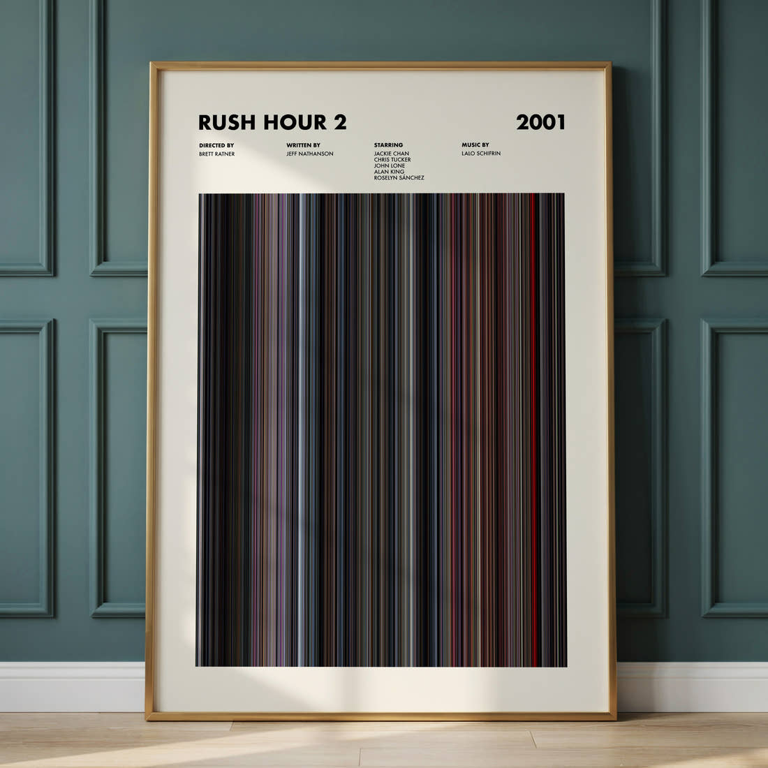 Rush Hour 2 Movie Barcode Poster framed and leaning against a panelled wall