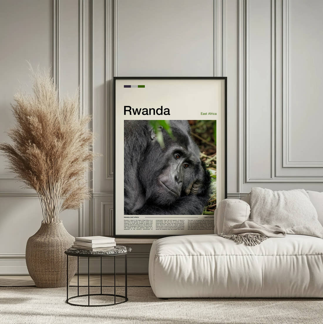 Rwanda Mountain Gorilla Travel Print framed on the wall of a calm, neutral bedroom
