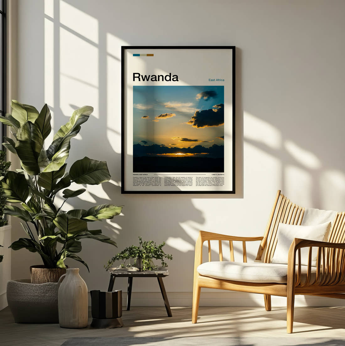 Rwanda Sunset Travel Print framed on a pale wall beside houseplants