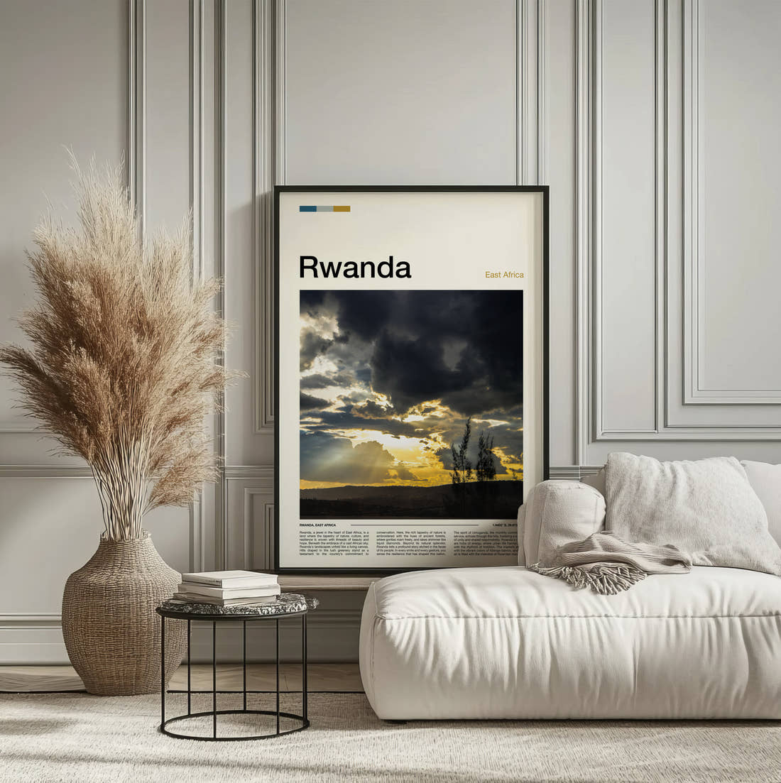 Rwanda Sunbeams Through Clouds Travel Print framed on the wall of a calm, neutral bedroom