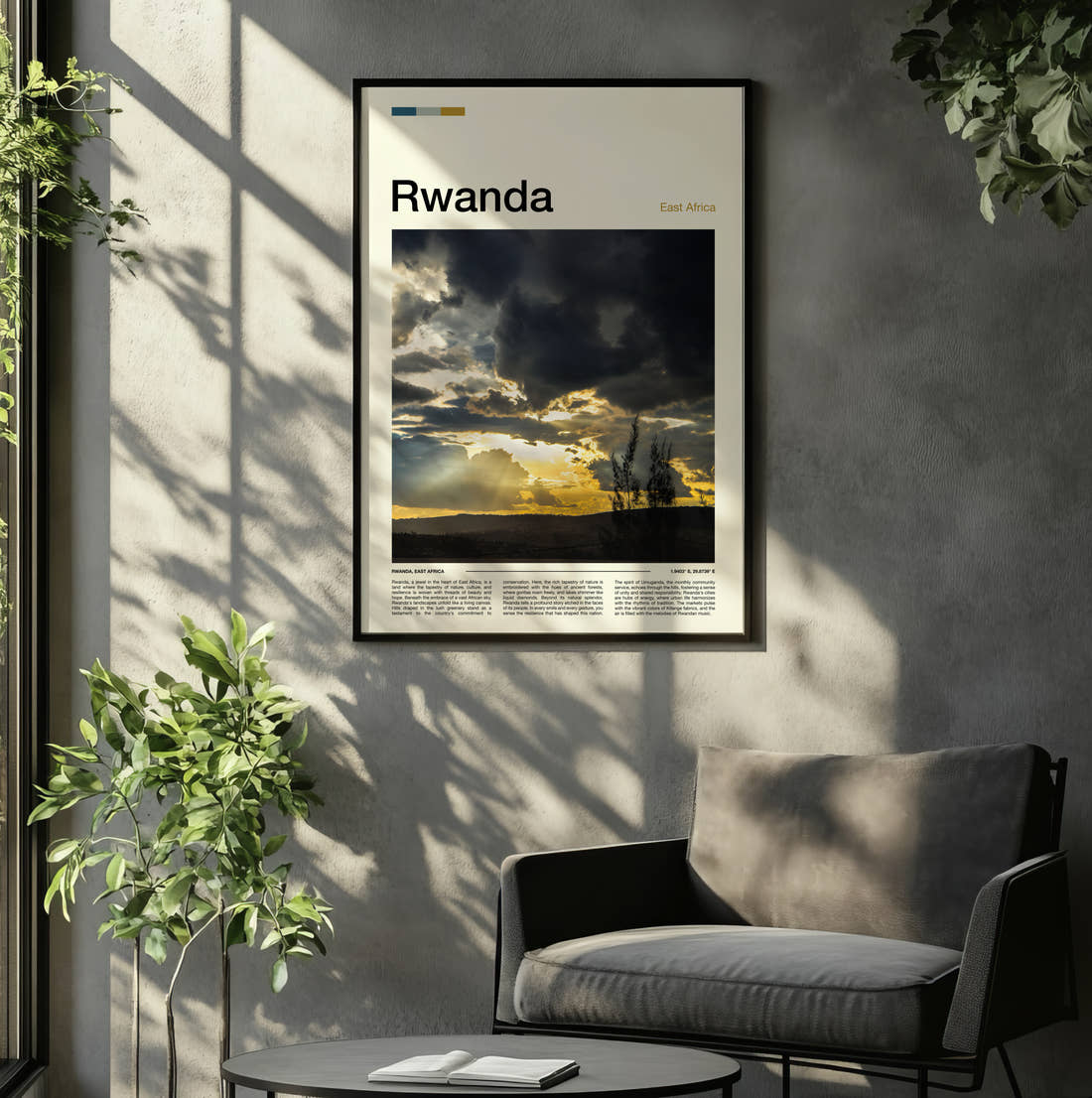 Rwanda Sunbeams Through Clouds Travel Print framed on the wall of a relaxed living room