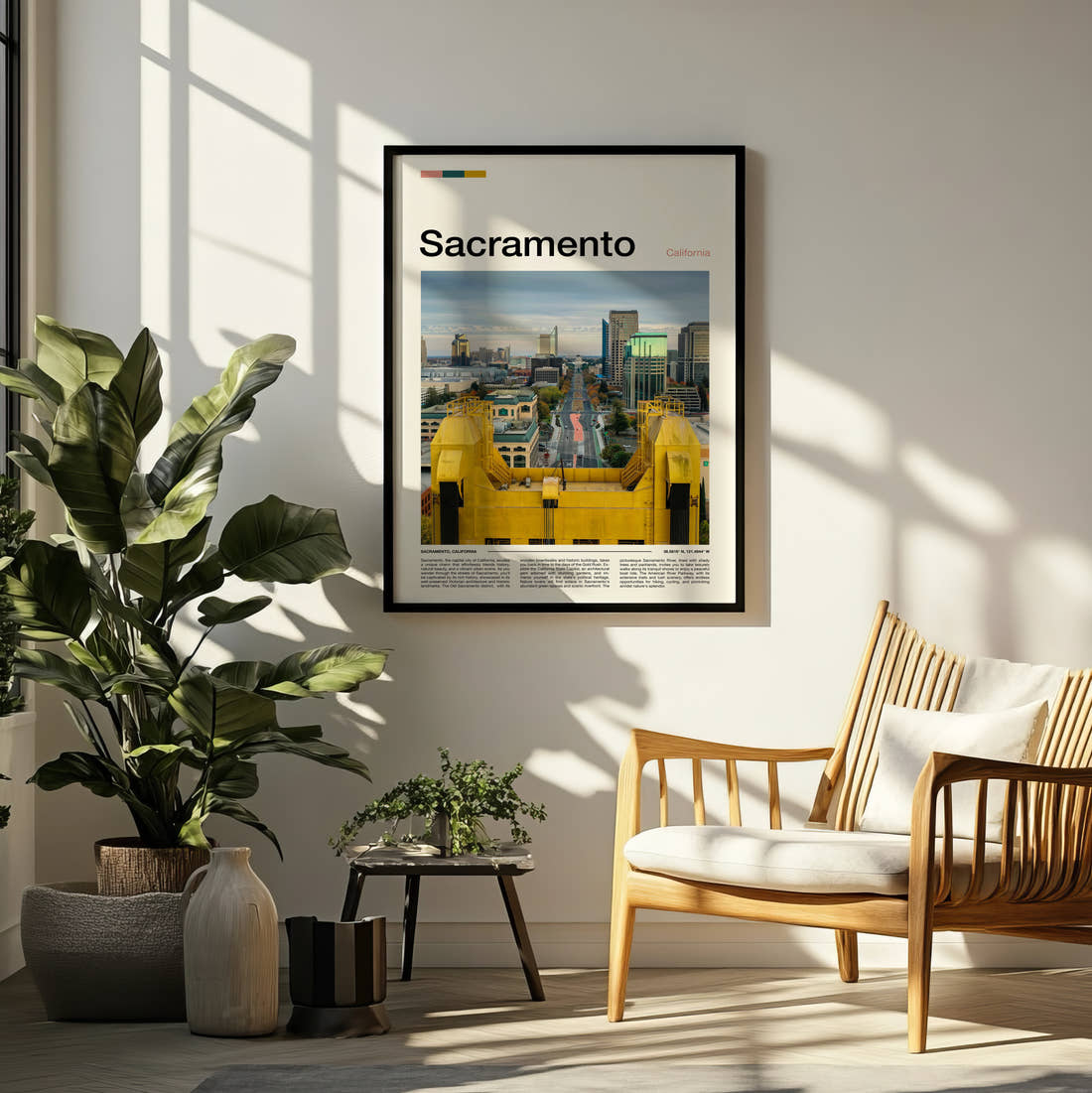 Sacramento Tower Bridge And City Skyline Travel Print framed on a pale wall beside houseplants