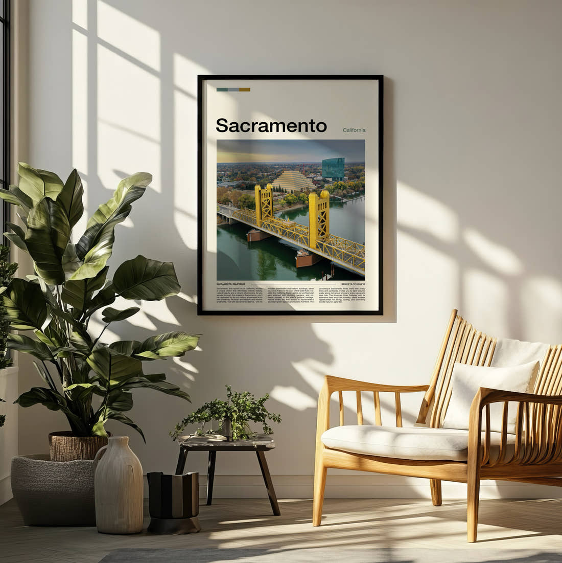 Sacramento Tower Bridge Across The River Travel Print framed on a pale wall beside houseplants