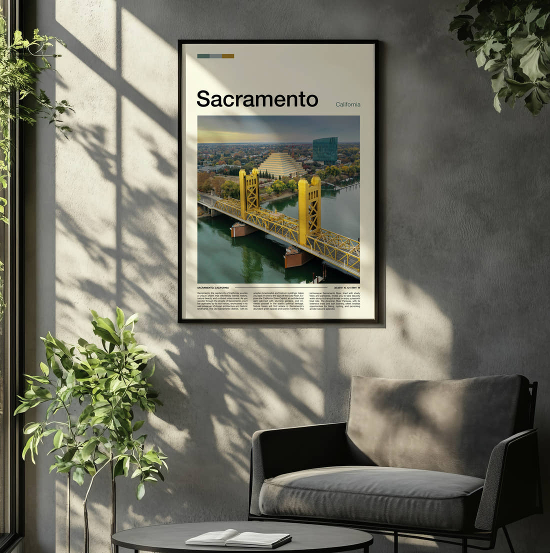 Sacramento Tower Bridge Across The River Travel Print framed on the wall of a relaxed living room