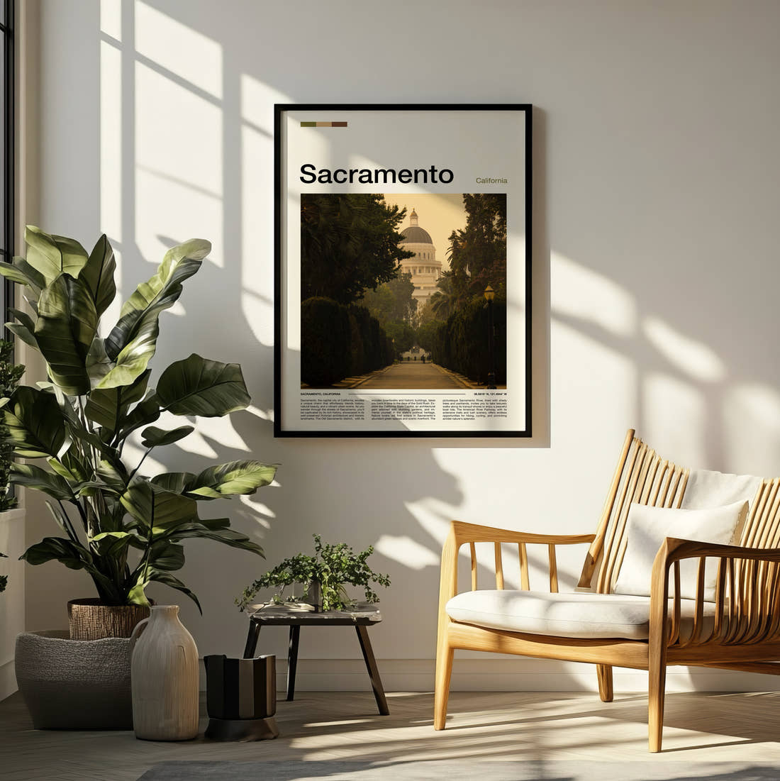 Sacramento California State Capitol Travel Print framed on a pale wall beside houseplants