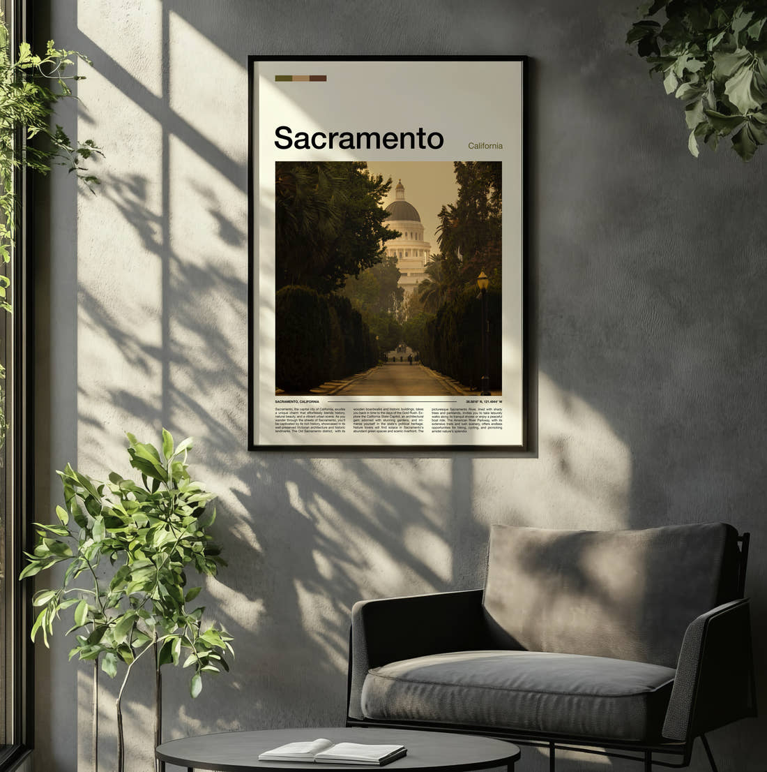 Sacramento California State Capitol Travel Print framed on the wall of a relaxed living room