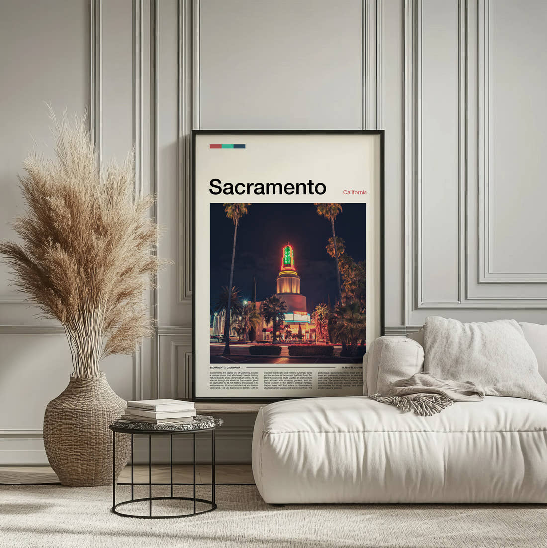 Sacramento Neon Theatre Sign Travel Print framed on the wall of a calm, neutral bedroom