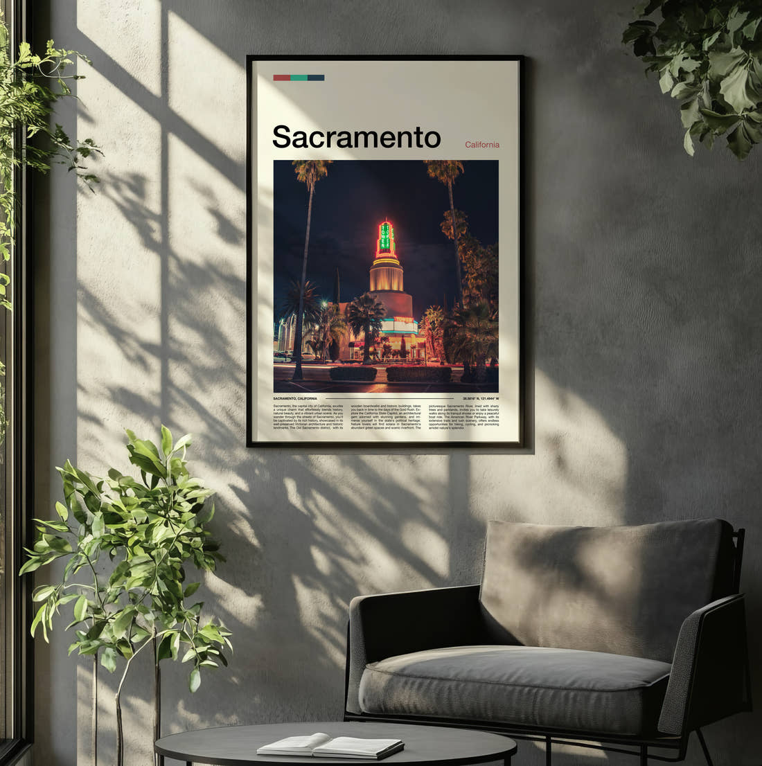 Sacramento Neon Theatre Sign Travel Print framed on the wall of a relaxed living room