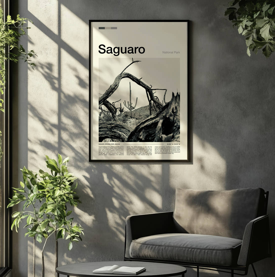Saguaro Fallen Tree And Cacti Travel Print framed on the wall of a relaxed living room