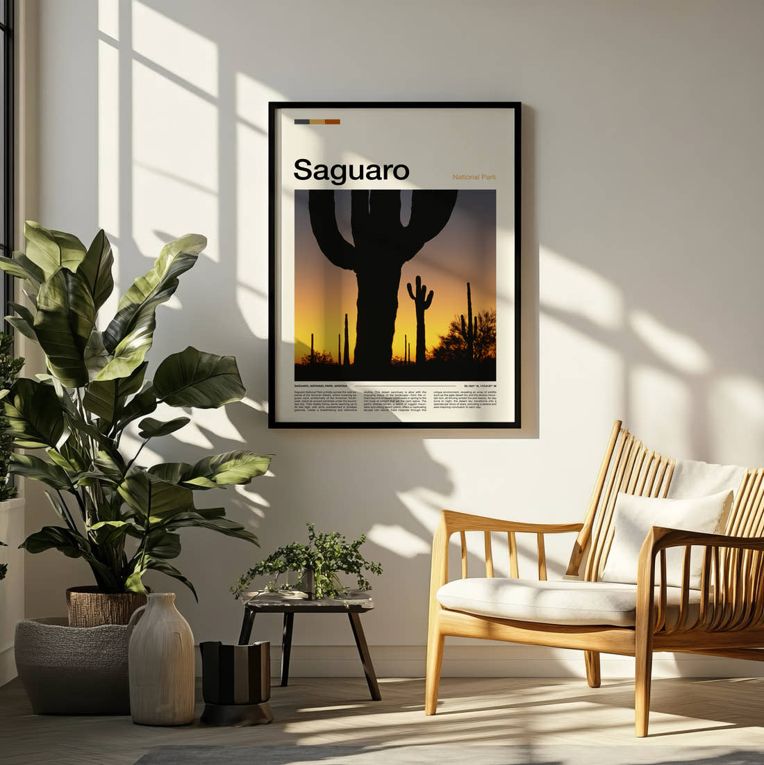 Saguaro Cacti At Sunset Travel Print framed on a pale wall beside houseplants
