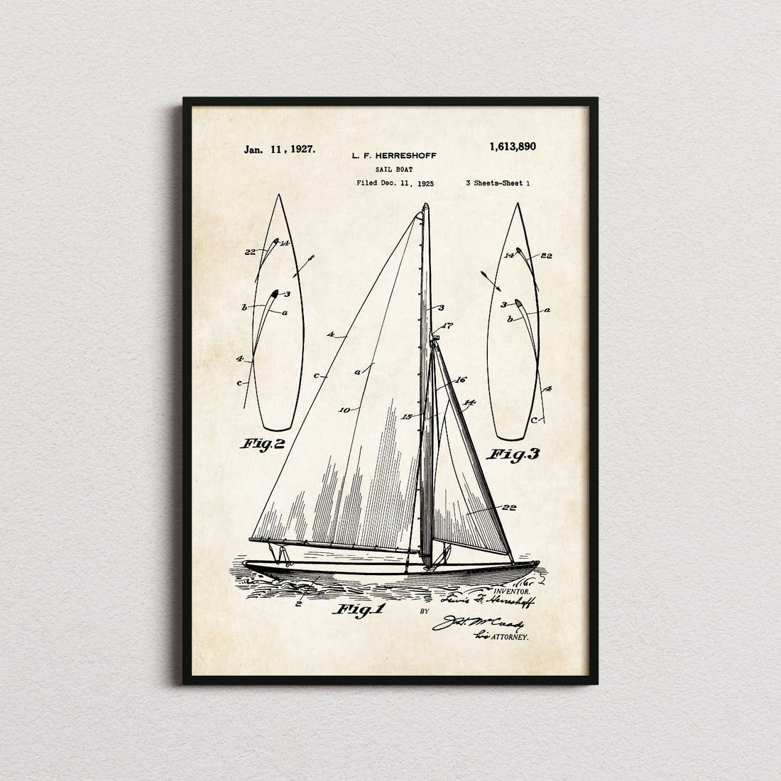 Sailboat Herreshoff Patent Print in the aged paper colourway, framed