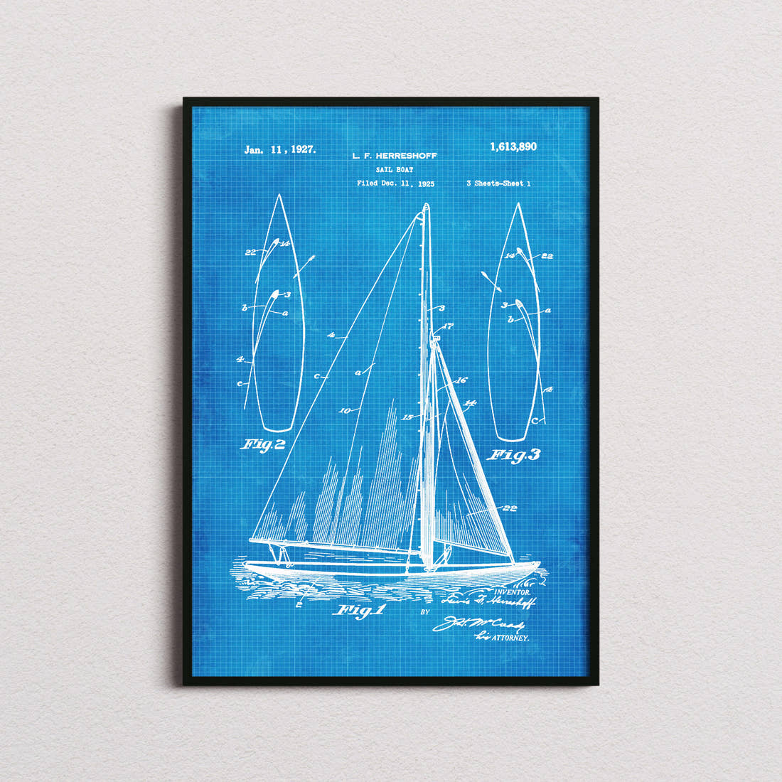 Sailboat Herreshoff Patent Print in the blueprint colourway, framed