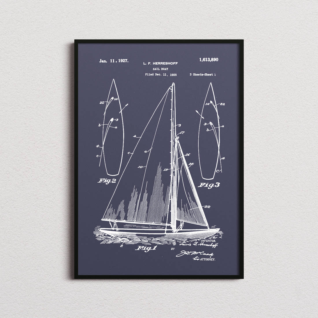 Sailboat Herreshoff Patent Print in the navy colourway, framed