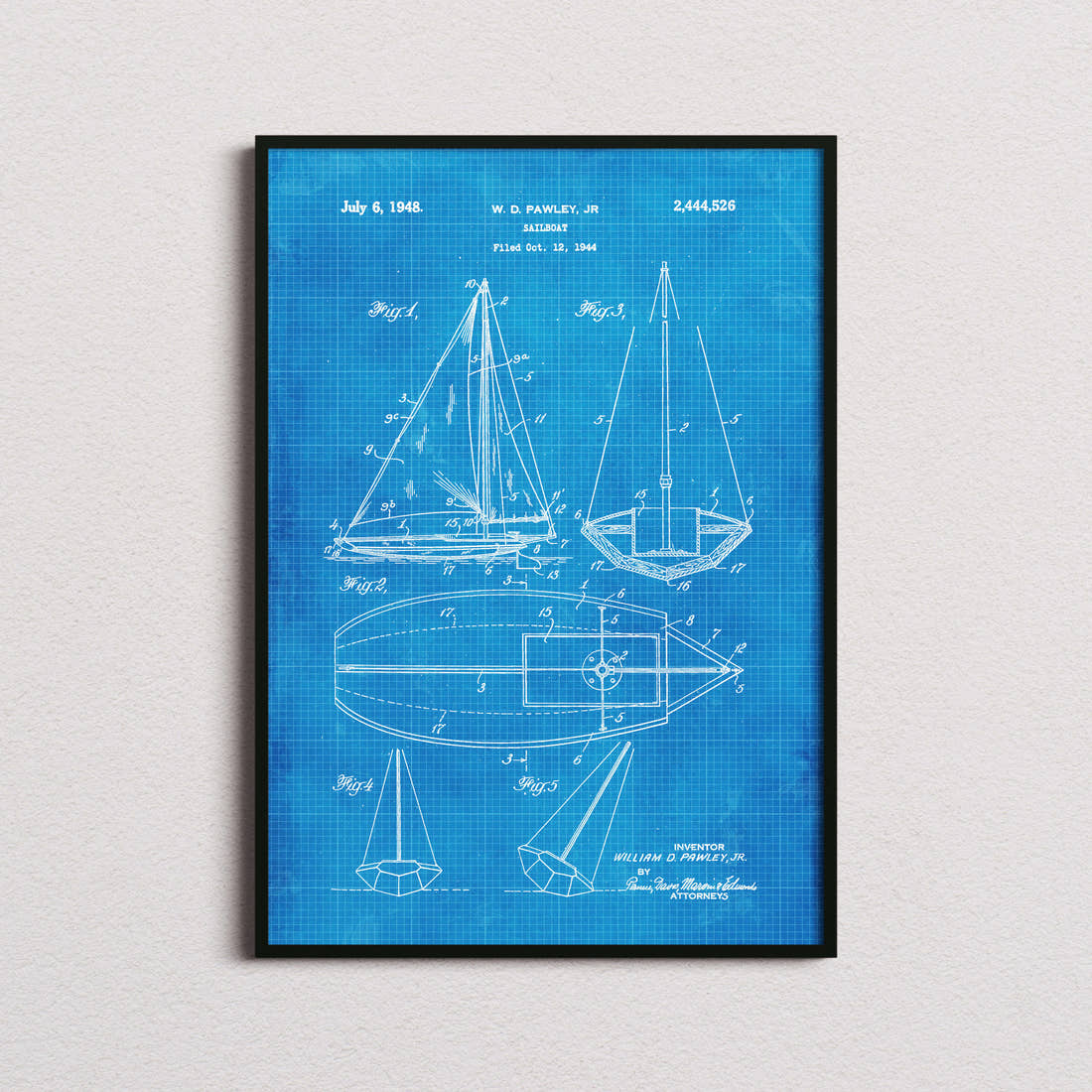 Sailboat Pawley Patent Print in the blueprint colourway, framed