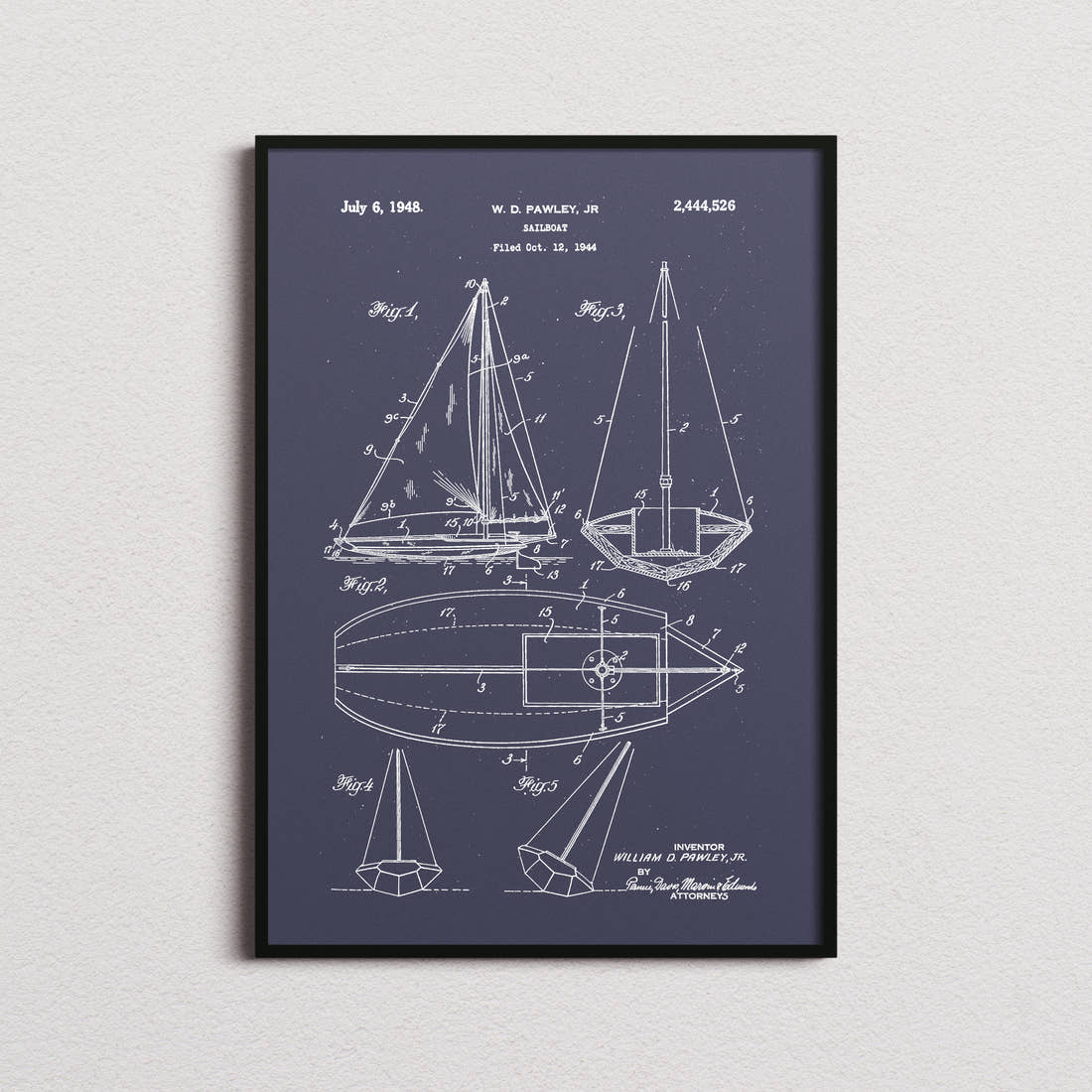 Sailboat Pawley Patent Print in the navy colourway, framed