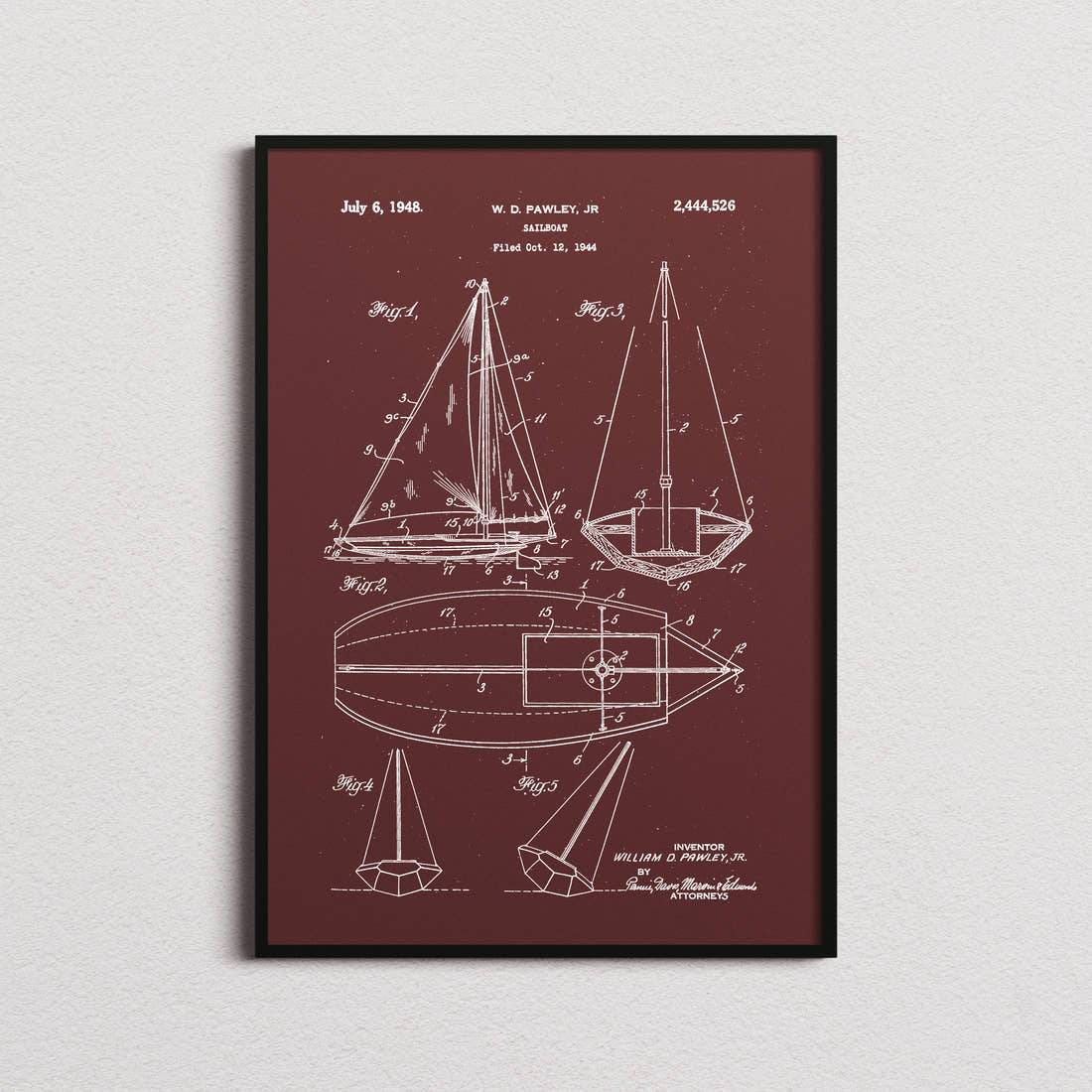 Sailboat Pawley Patent Print in the burgundy colourway, framed