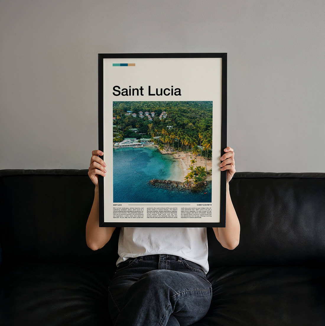 Saint Lucia Tropical Bay Travel Print held up by hand to show the size of the print