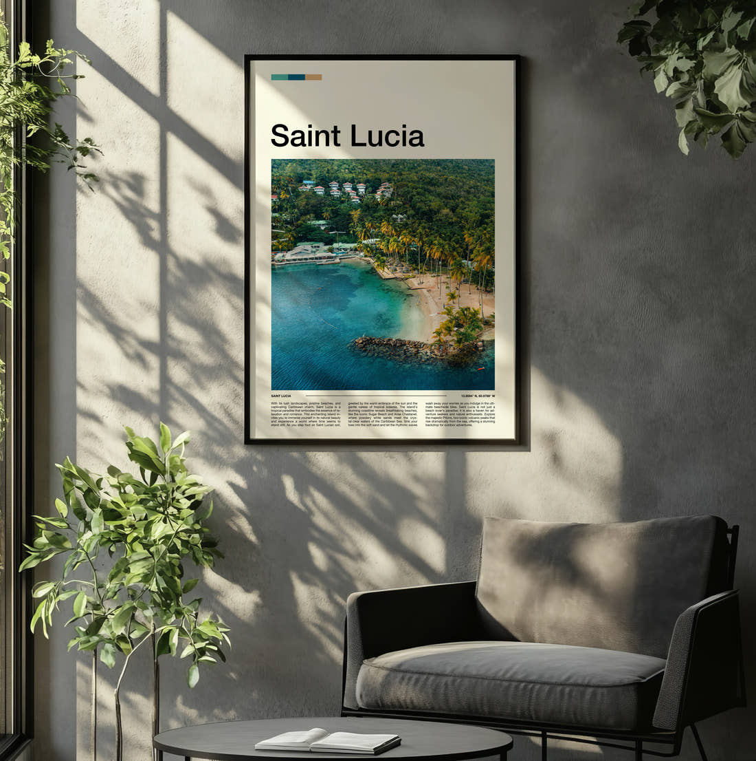 Saint Lucia Tropical Bay Travel Print framed on the wall of a relaxed living room