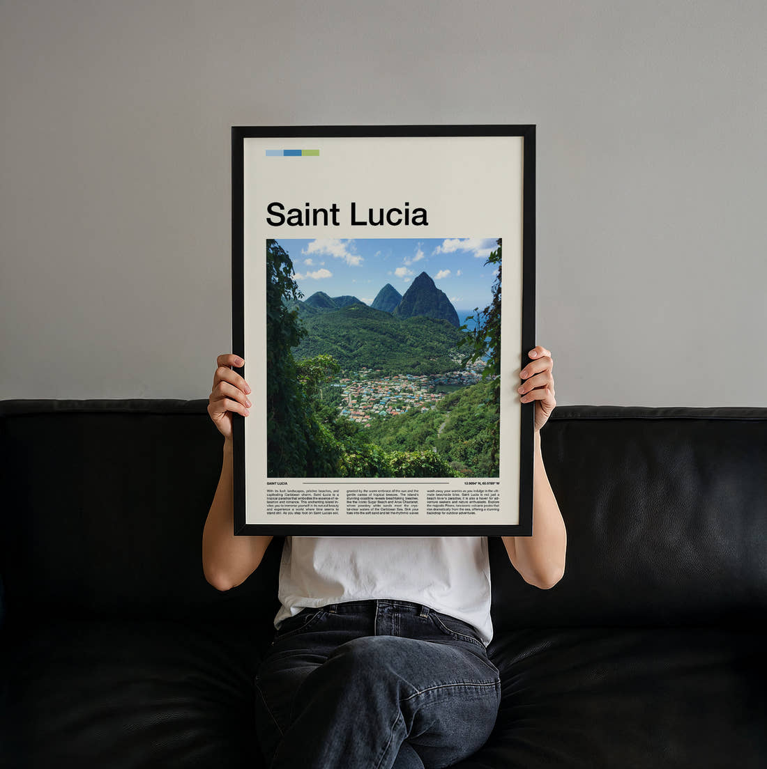 Saint Lucia The Pitons Travel Print held up by hand to show the size of the print