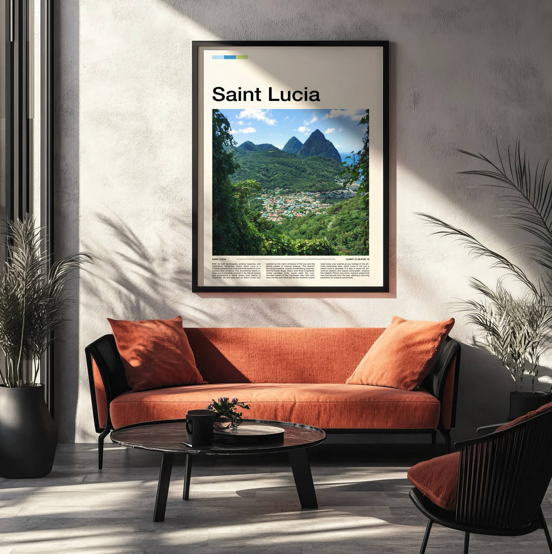 Saint Lucia The Pitons Travel Print framed on the wall of a modern living room