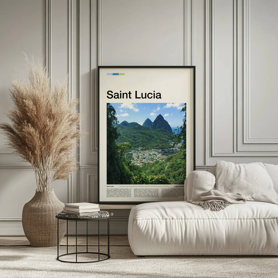 Saint Lucia The Pitons Travel Print framed on the wall of a calm, neutral bedroom