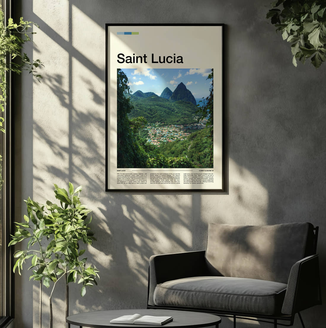 Saint Lucia The Pitons Travel Print framed on the wall of a relaxed living room