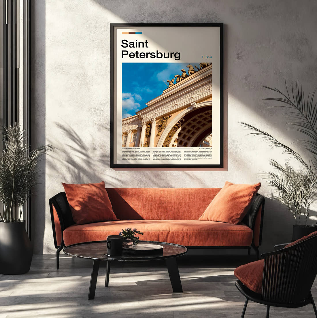Saint Petersburg Triumphal Arch Travel Print framed on the wall of a modern living room